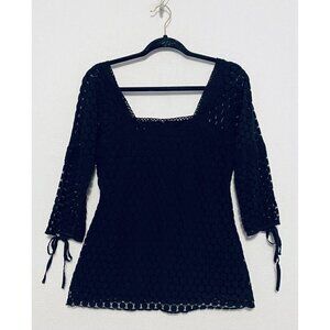 Solitaire Womens Large Crochet Lace Top 3/4 Tie Sleeves Black Square Neck Boho